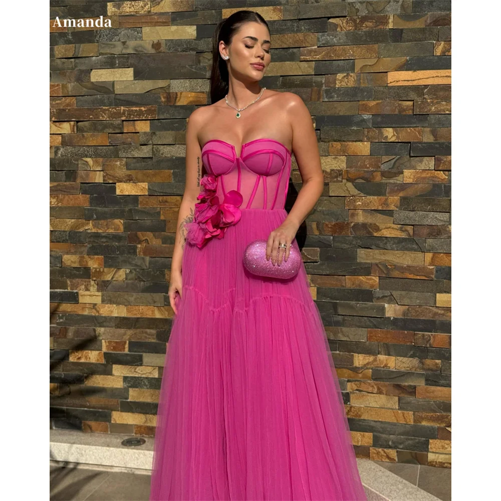 

Amanda Customized Pink Strapless Illusion Prom Dress Appliques Sleeveless vestidos de noche Pleated Floor-Length Wedding Party