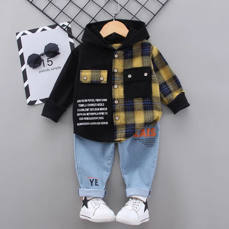 

Baby Boy Clothes 0-5 Years Old Spring And Autumn Cotton Suit Boy Letter Plaid Hooded Shirt + Pants Baby Boy Two-Piece Suit