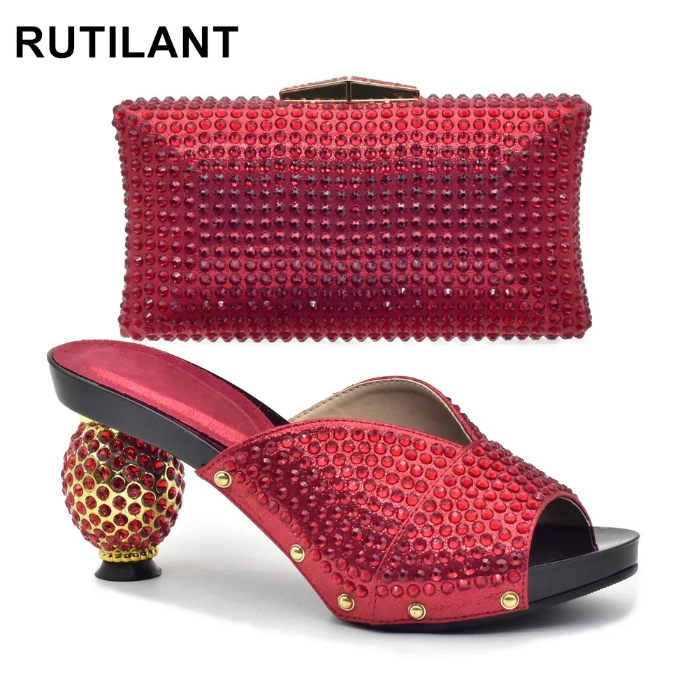 

New Arrival Shoes and Bags Sets with Rhinestone Plus Size Heels 43 Women Shoe and Bag Set for Party Wedding Shoes Bride