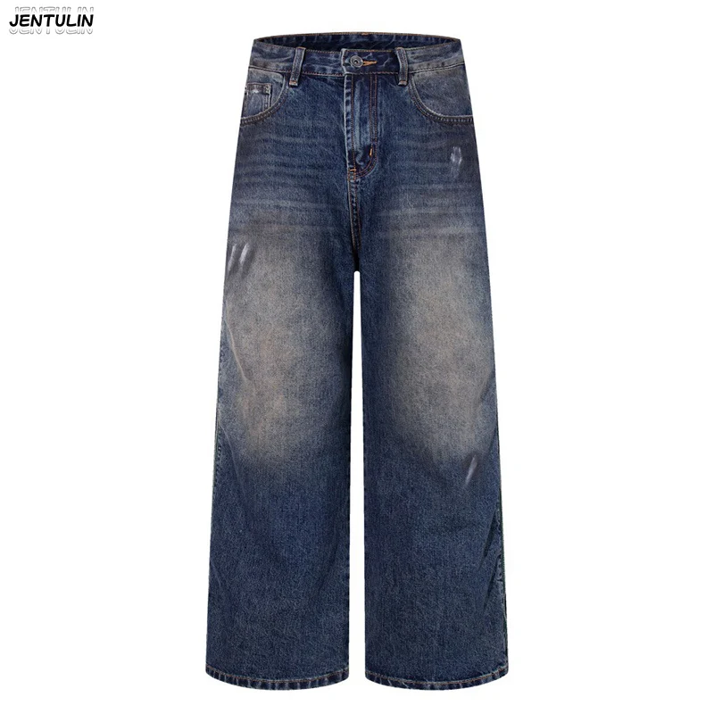 

American High Street Deconstructed Splicing Wide Leg Jeans With Side Zipper Graffiti For Old Grinding White Loose Men's Pants