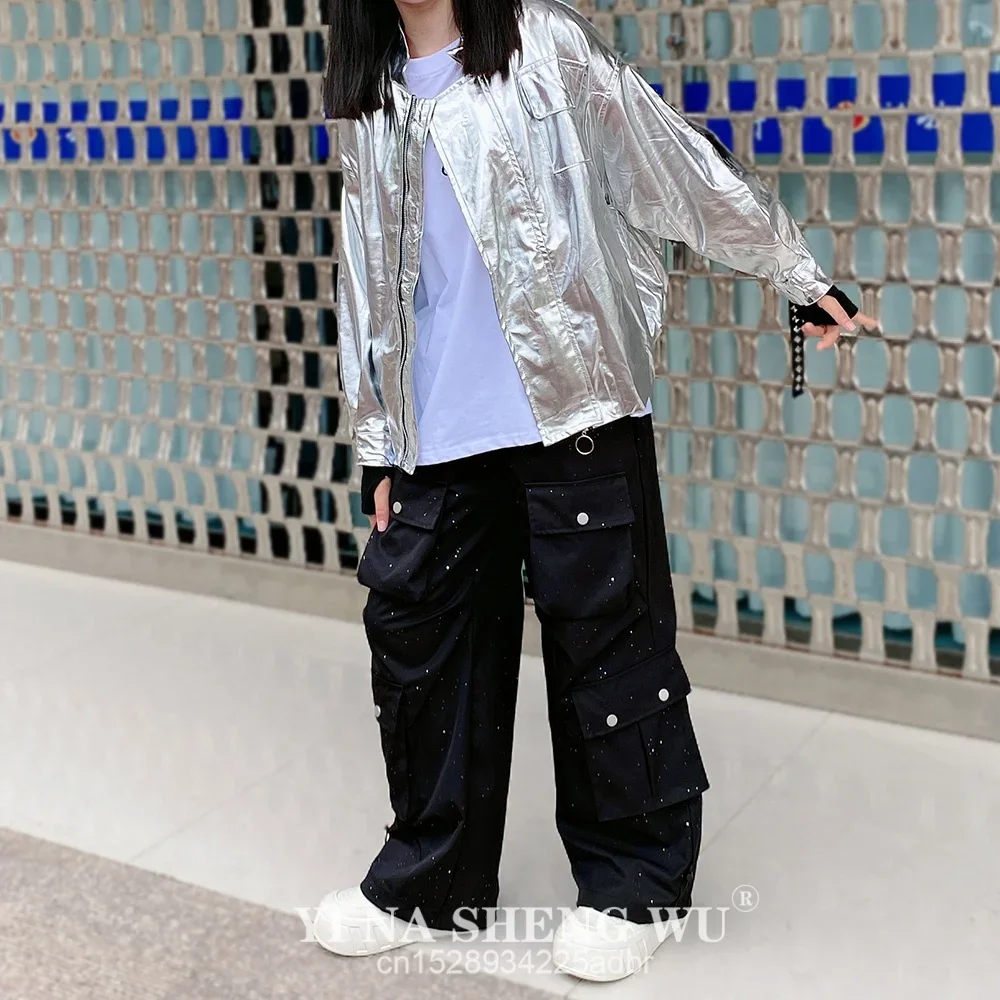 Boys Hip Hop Silver Jacket Street Dance Cargo Pants Girls Cool Streetwear Kids Jazz Clothes Sets Children Shiny Costumes