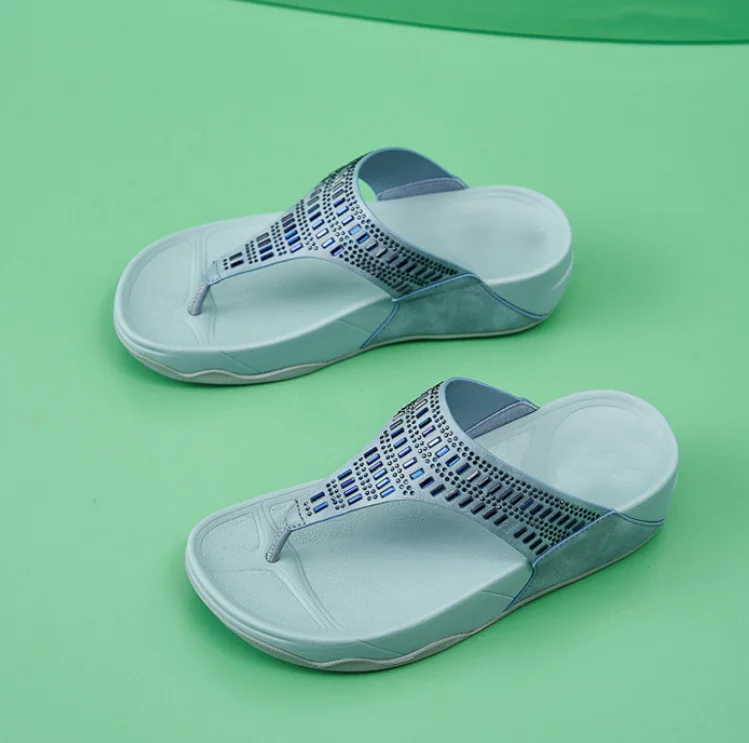 Crystal Rhinestone Thong Clip Toe Slippers Mules Slide Platform Wedge Sandals Rome Flat Casual Shoes Beach Outdoor Flip Flops 41