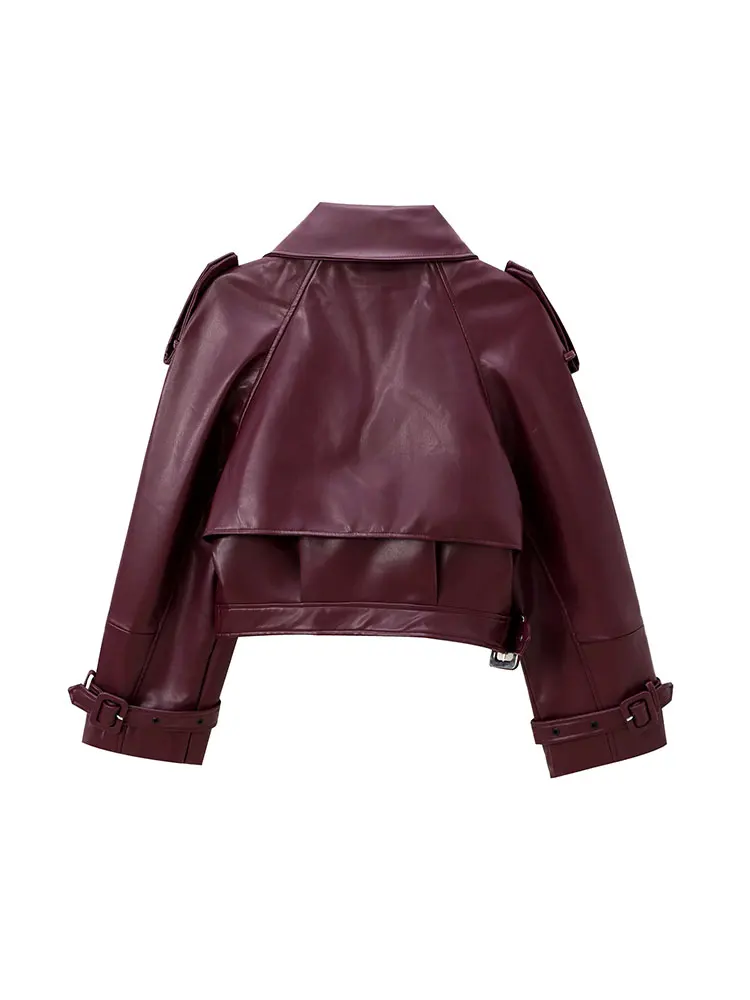 TRAF 2024 Autumn Faux PU Leather Women Motorcycle Jackets With Belt Lapel Loose Coat Female Crop Top Y2K Jacket