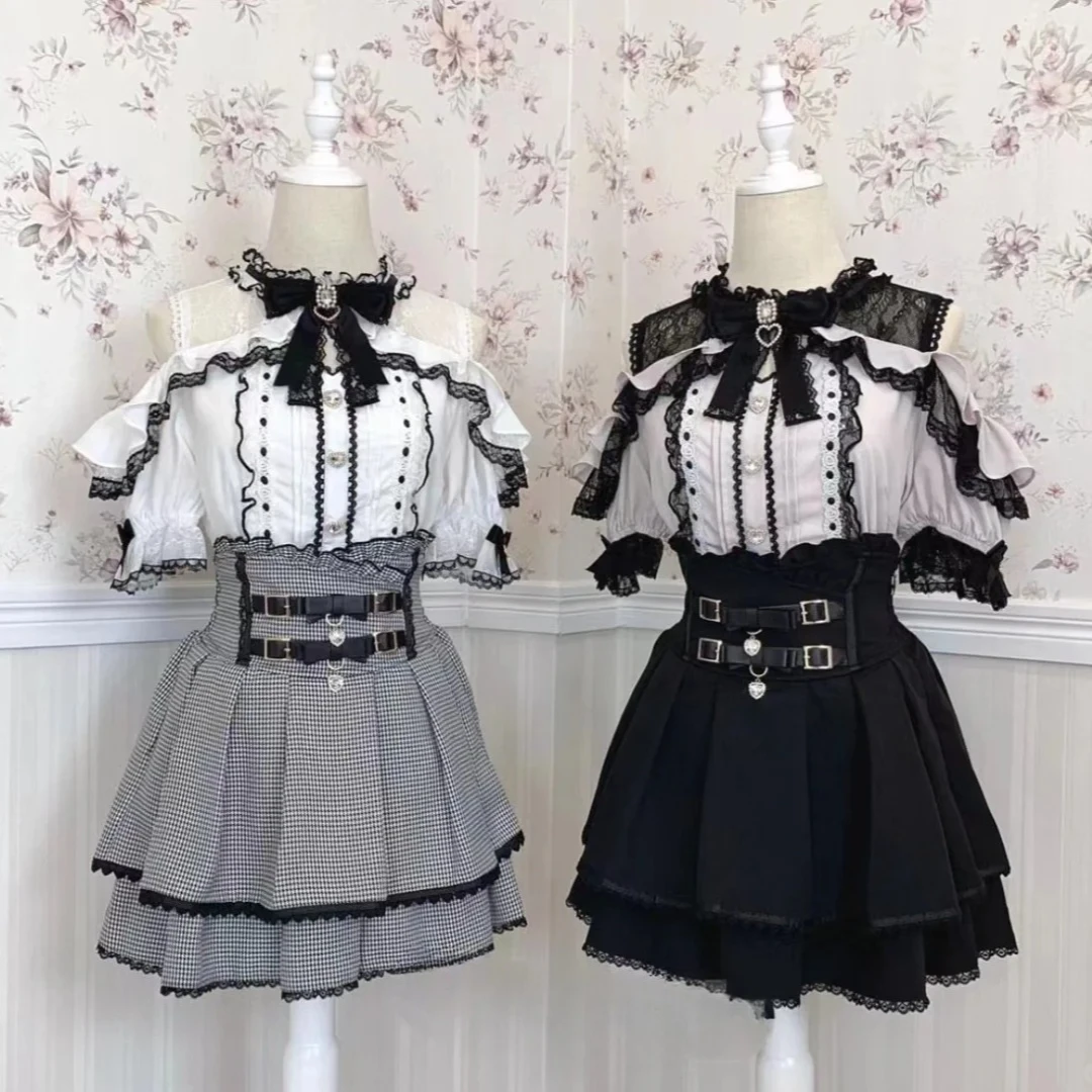 

Japanese Lolita Short Sleeve Blouse Women Kawaii Lace Bow Casual Trendy Fashion Daily Tops Elegant Shirt Streetwear 2026 Summer