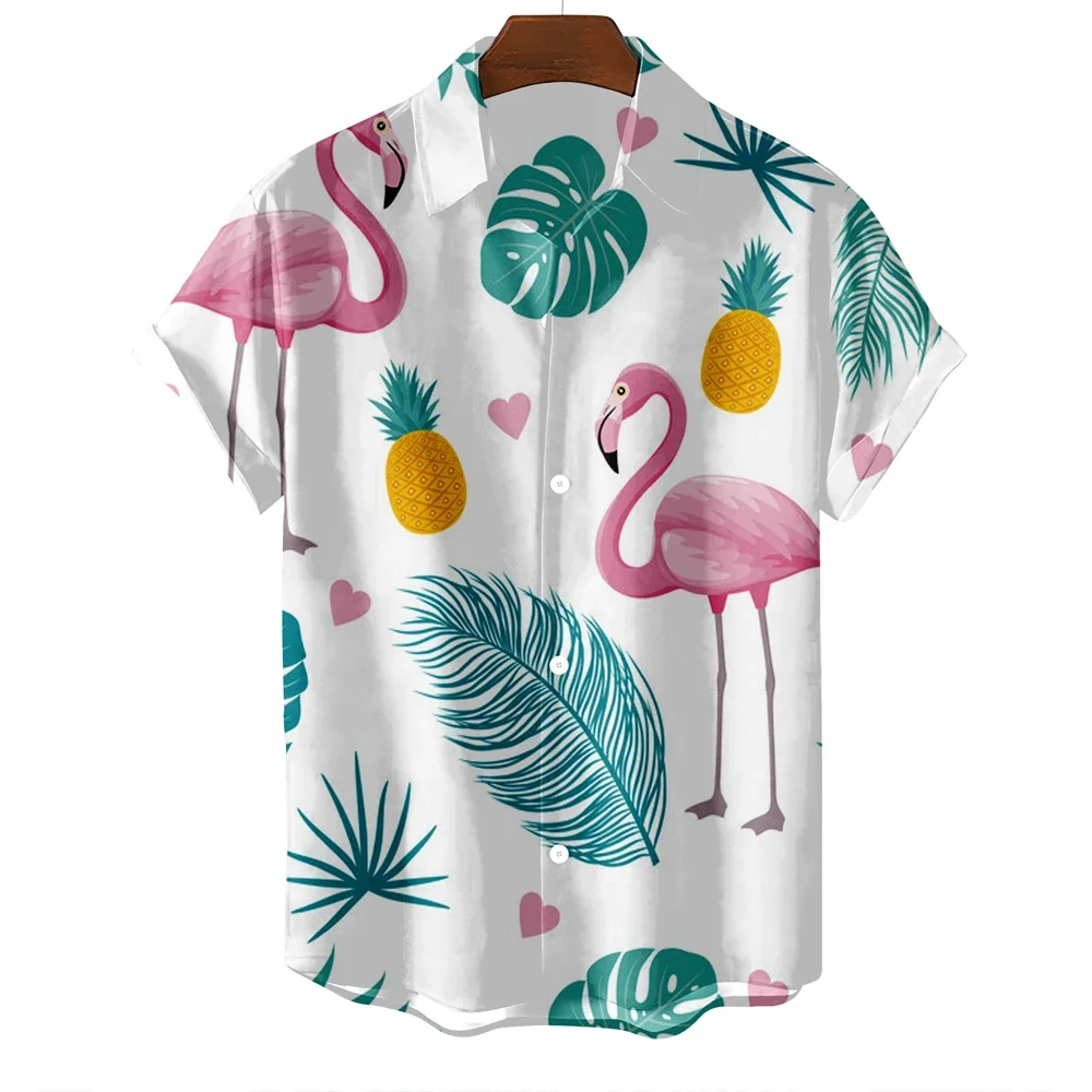 Hawaiian Flamingo Print Casual Men's Shirt Fashion Short Sleeve Men's Cardigan Top Lapel Plus Size Men's Short Sleeve Shirt