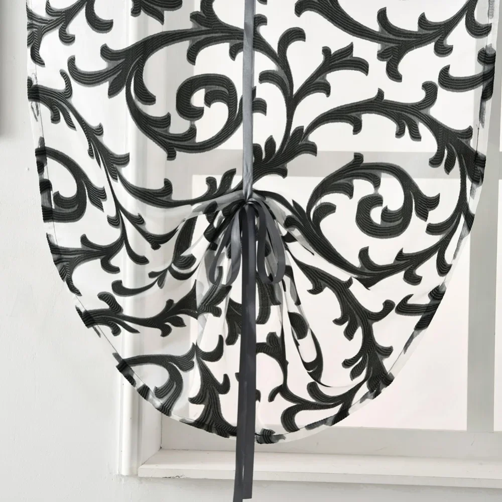 Short Kitchen Curtain Modern Window Treatment Tie up Balloon Home Textile Sheer Panel Tulle White Black Jacquard