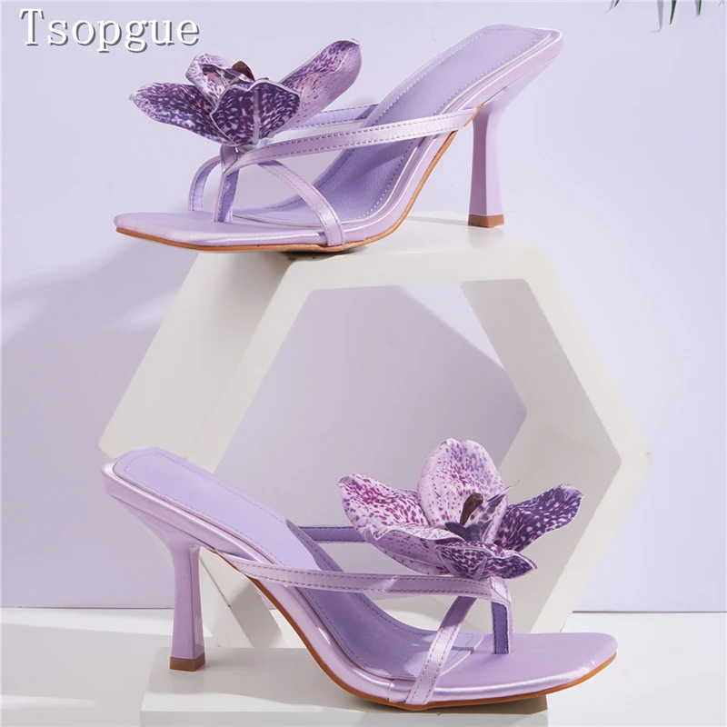 

Chic 3D Orchid Flower Embellished High Heel Mule Women Square Toe Flip-Flops High Heel Slides Stylish Bridal Wedding Party Shoes