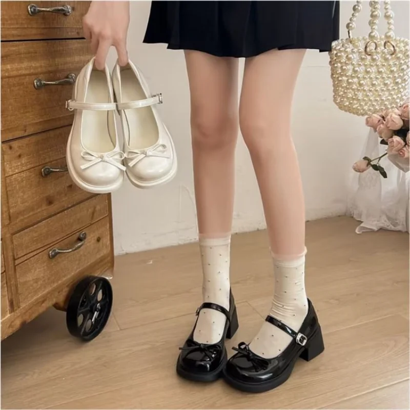 Women Bow One Strap Buckle Low-Cut Platform Block Heel Mary Jane Shoes,Japanese Preppy JK Lolita Height Increasing Dress Pumps