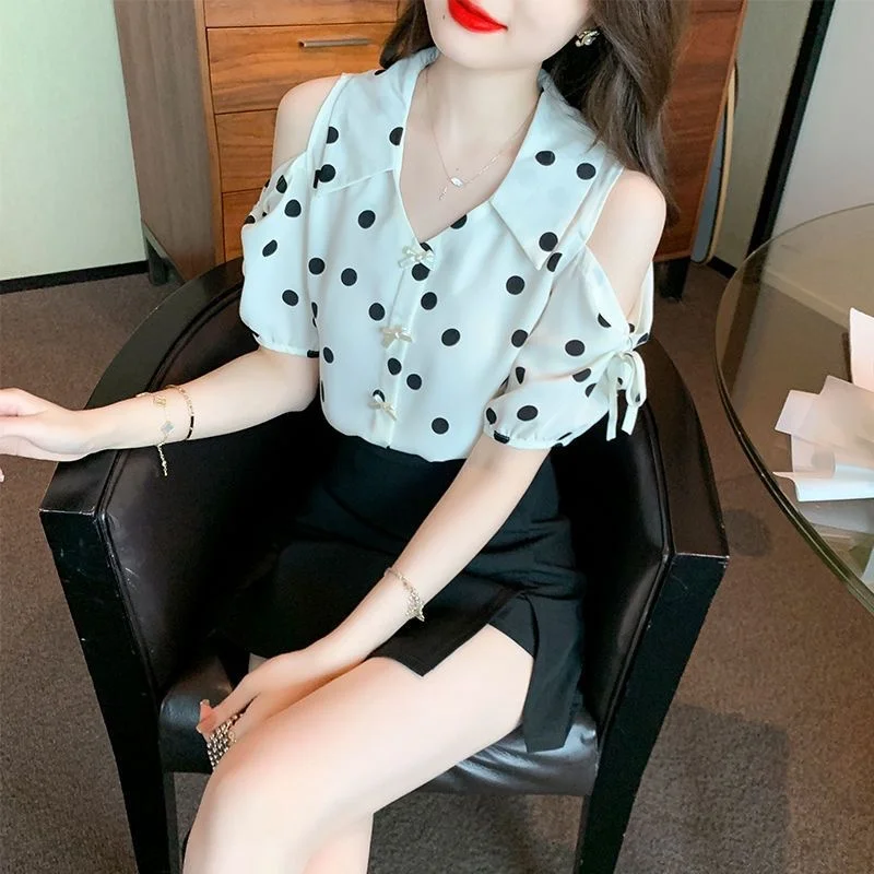 Woman Spring Summer Style Blouses Shirts Lady Casual Short Sleeve Off Shoulder Polka Dot Printed Blusas Tops DD9480