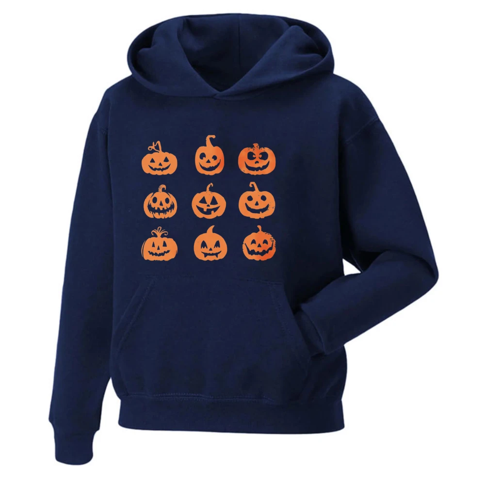 Spooky Pumpkin Halloween Hoodie Vintage Unisex Pullover Graphic Sweatshirt Cute Emoji Icon Sticker Long Sleeve Autumn Winter Top