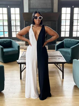 Bkld-Macacão sem costas com decote em v feminino, cor preto e branco, patchwork, alça de espaguete, calça casual solta, roupas femininas, nova moda