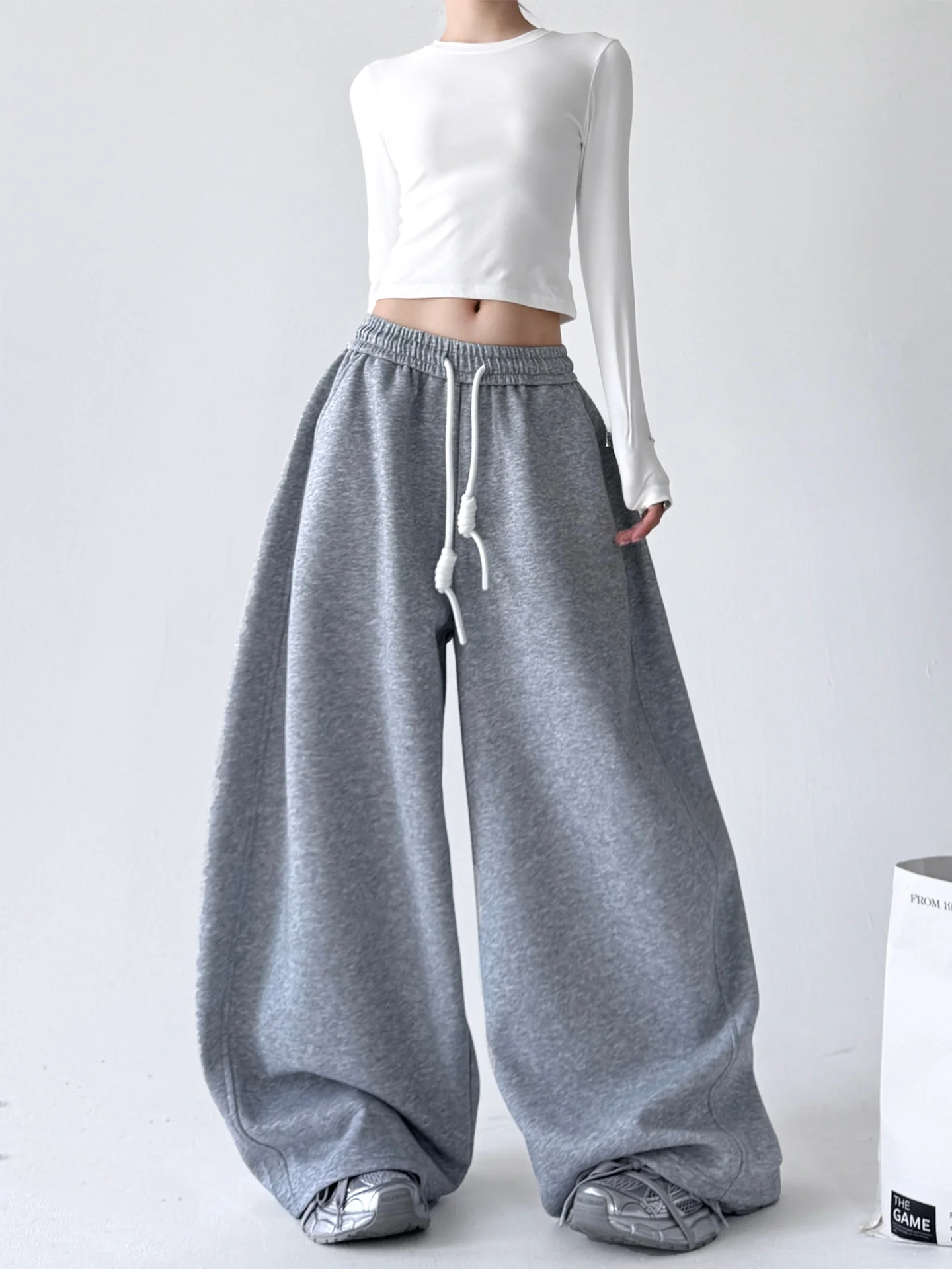 بنطلون نسائي عصري بخصر عالٍ وساق واسعة، سروال فضفاض غير رسمي على الطراز الكوري، موضة الخريف، مقاسات كبيرة، قصة مستقيمة