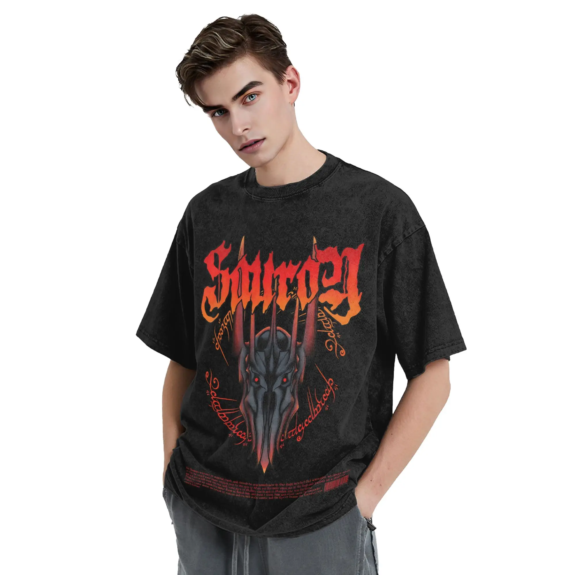 Sauron Metal Washed T Shirts Streetwear Hip Hop Retro T-Shirt L-Lords R-Rings Tees Tops for Men Women Oversize Summer