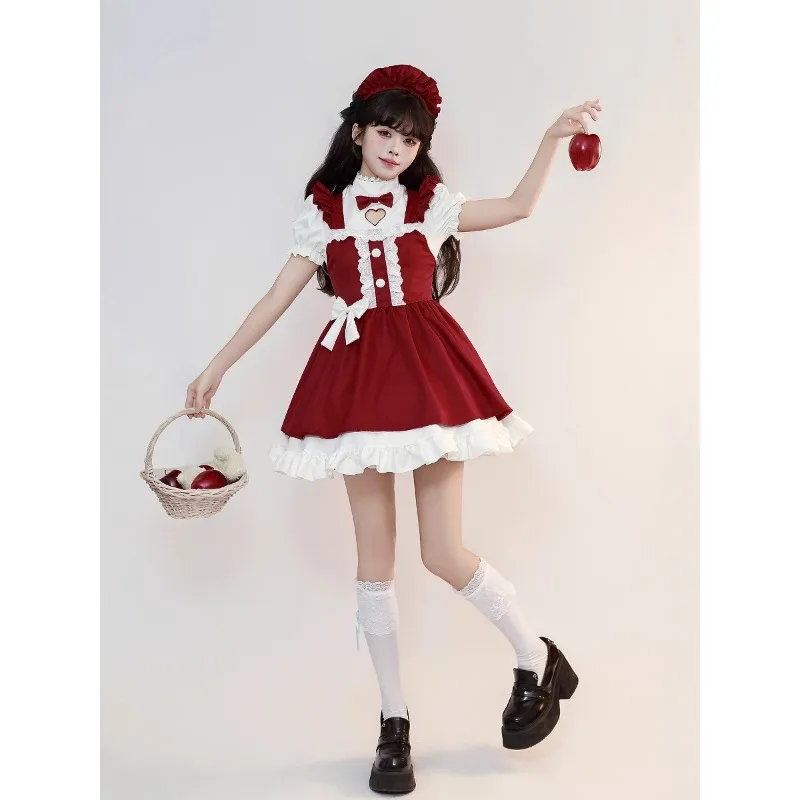 

S-5XL Cute Christmas Lolita Maid Dress Role Playing Claret Dress Suitable for Maid Halloween Maid Party Costumes
