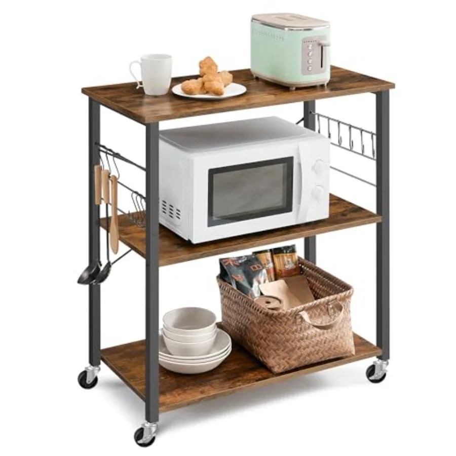 Kitchen on Wheels 31.5 Inch Serving Cart with 3 Shelves Kitchen Cart Microwave for Mini Oven Toaster with 6 Hooks Industrial St
