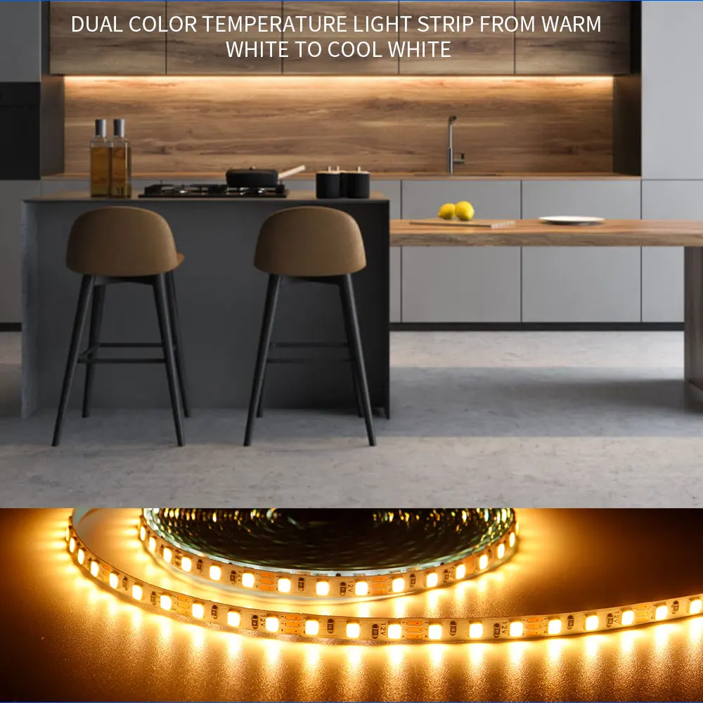 Imagem -05 - Cct Dimmable Led Strip Light Fita Linear Suave Dual Color Alto Brilho 2835 120leds 160leds 240leds 336leds m dc 12v 24v