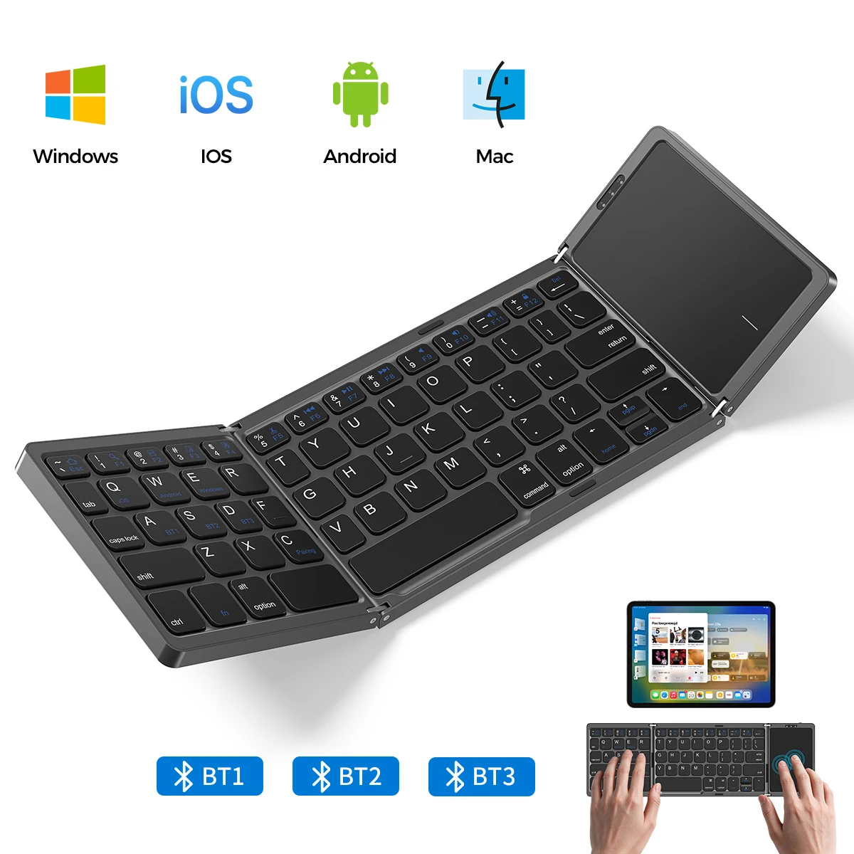 Alxum Portable Wireless Folding Keyboard with Touchpad Rechargeable Foldable Bluetooth Keyboard for Tablet Ipad iPhone Android