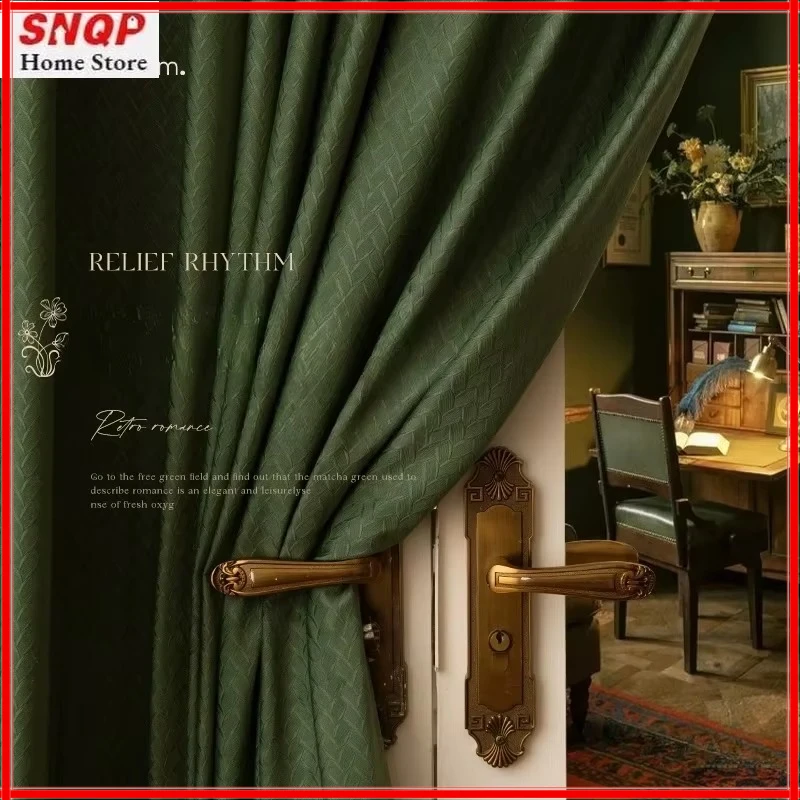

French Retro Luxury Curtains for Living Room blackout Bedroom Velvet Wheat Grain Green Elegant Fashion Home Decoration Custom