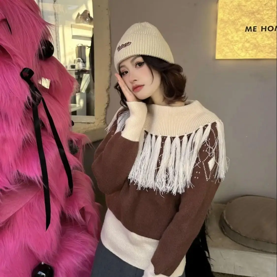 Maillard Tassel Sweater Pullover Round Neck Lusty Retro Sweater 2024 New Style Lazy Style Sweet Girl Little Man