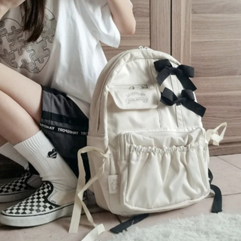 Fashion Women Bow Nylon Backpack Japanese Preppy School Bags for College Student Ins White Backpacks Jk Dress Bag Muilti-pocket