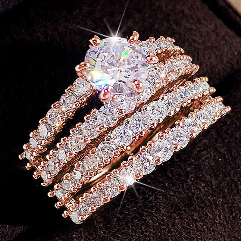 Huitan Trendy Hohl Set Ringe Voll Bling Iced Out CZ Stein Luxus Frauen Hochzeit Verlobung Ringe 2Pcs Set Schmuck drop Shipping – Detail 10