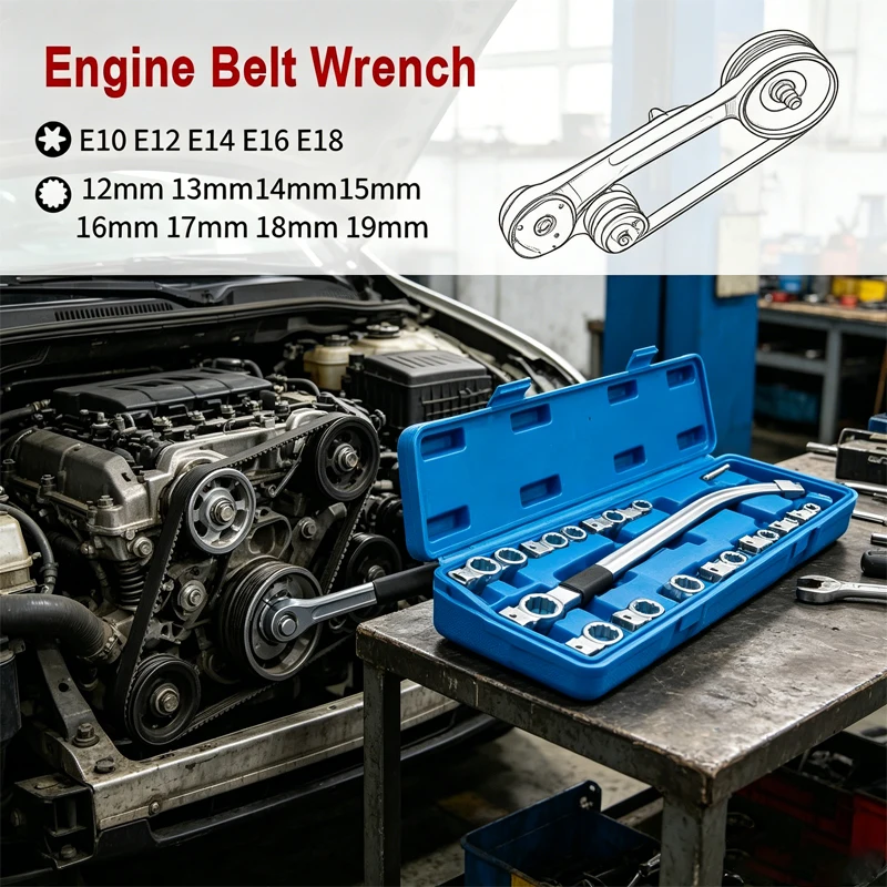 15pcs/set of Car Engine Belt Adjustable Wrench for Disassembly and Assembly of Idler Pulley Tensioning Special Auto Repair Tool