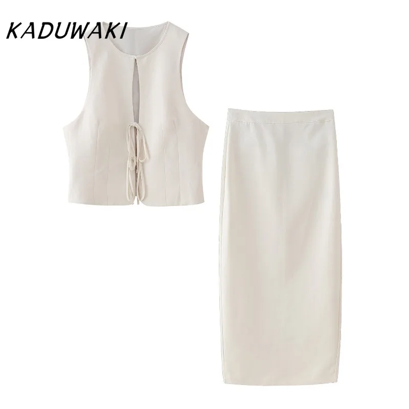 KADUWAKI Fashion Retro V-neck Sleeveless Solid Undershirt Jackets Fashion Loose Side Zipper Split Half-body Robe Ins Simple Sets