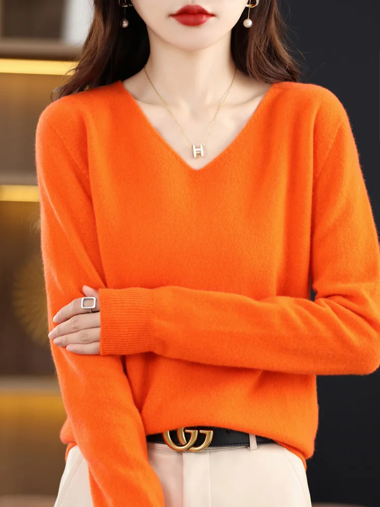 2024 Autumn Winter Women 100% Merino Wool Sweater Casual Basics V-Neck Knitted Pullover Solid Soft Cashmere Clothing Tops