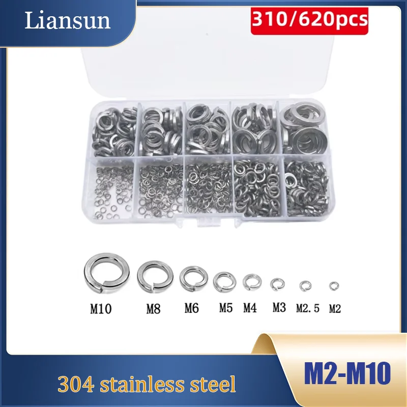 

180/360pcs Spring Lock Washer Assortment Kit M2 M2.5 M3 M4 M5M6M8M10 304 Stainless Steel Spring Split Lock Washer Elastic Gasket