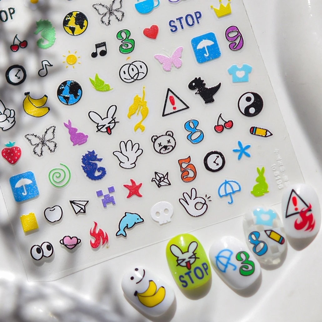 Hans frutas animais peixe número olho tempo estrela coroa padrão guindaste de papel lápis dinossauro coração arte do prego adesivos manicure decalques