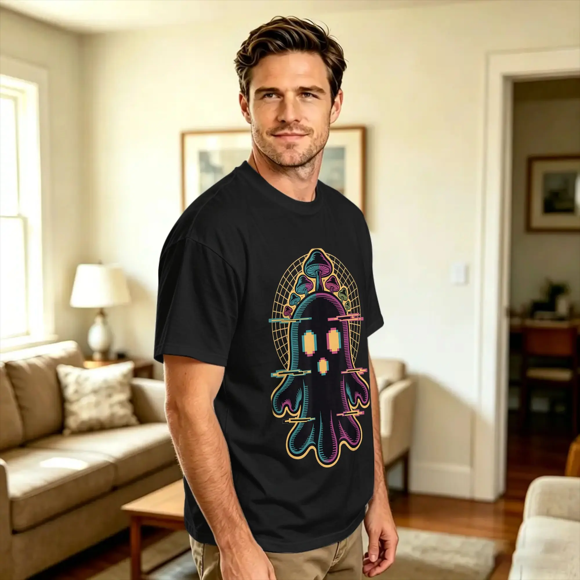 Trippy EDM Party Mushroom Art Spooky Ghost Raver T Shirt Summer  Cotton T-Shirts For Mens Custom DIY Tshirt Short-Sleeved