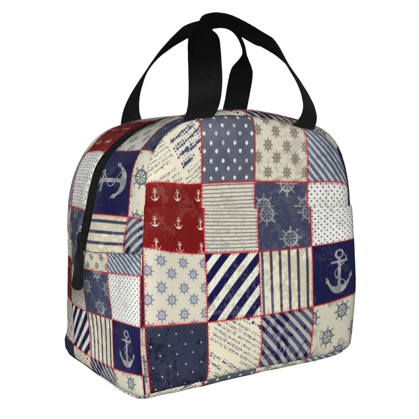 Ocean Voyage Checkered Pattern Lunch Bags Insulated Bento Box Lunch Tote Leakproof Picnic Bags Thermal Bag For Woman Girl School