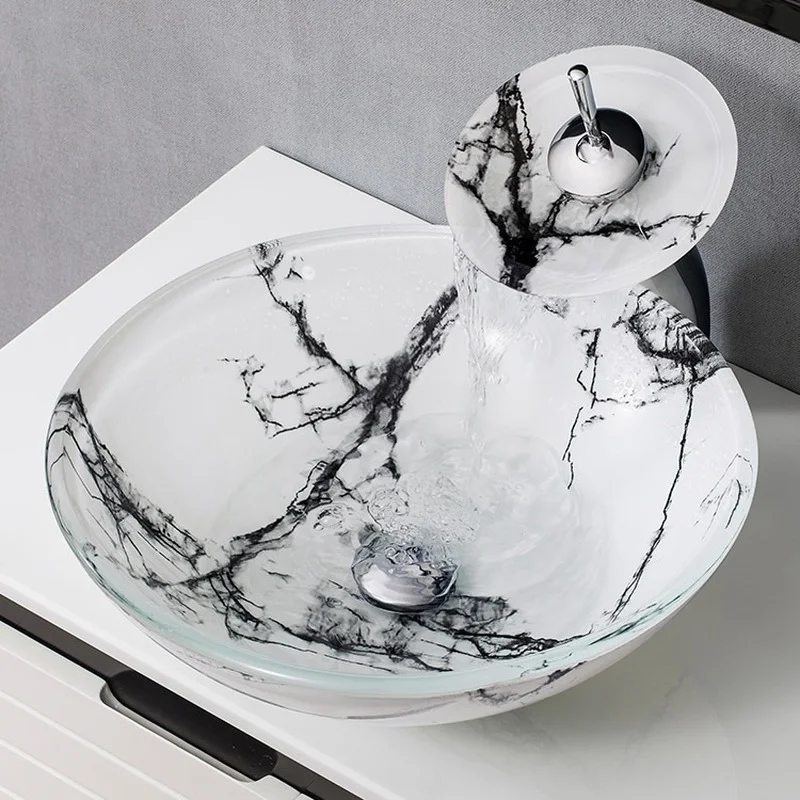 

Chinese Design Bathroom Sink Tempered Glass Basin Hotel Artistic Wash Basin Countertop Sinks Round Toilet Washing Hand Basin