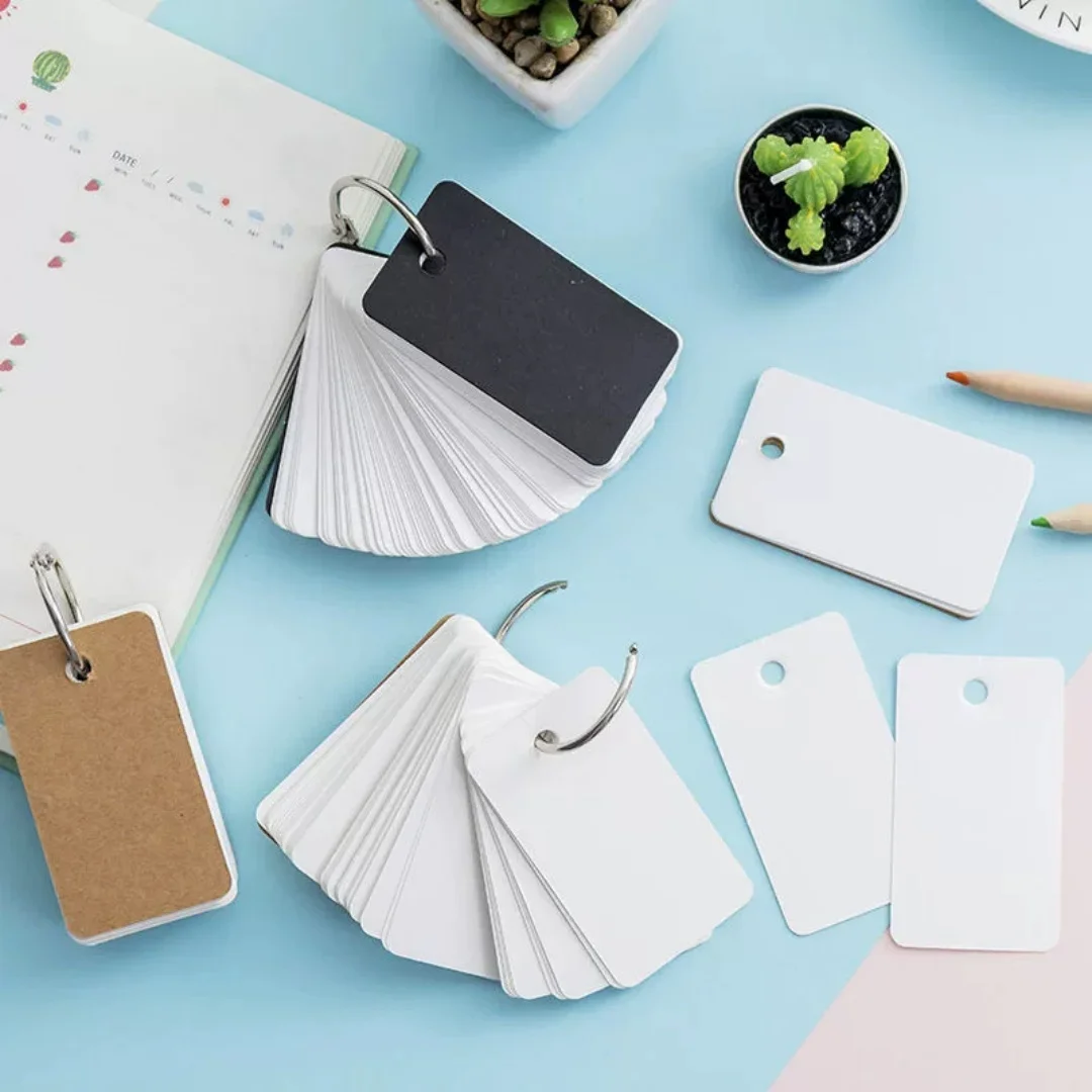 100sheets Blank Card Portable Flash Cards Vocabulary Memorization White Cardboard Memo Pad Office School Learning Supplies