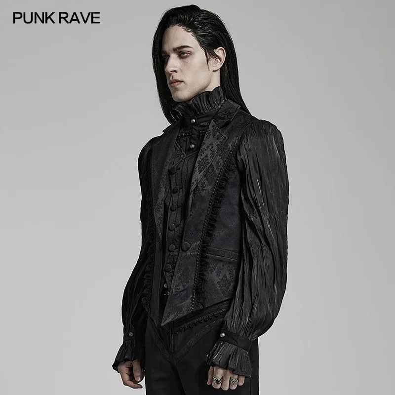 PUNK RAVE Men\'s Gothic Gorgeous Lace Decoration Asymmetric Lapel Waistcoat Unique Pointed Outline Elements Party Long Sleeve Top