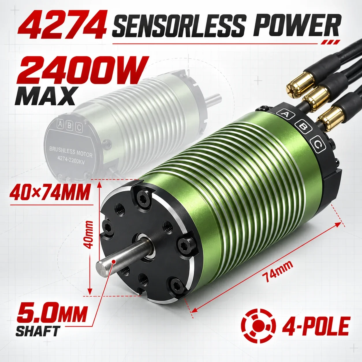 YSIDO 4274 Sensorless Brushless Motor 800KV-3600KV with 40-42mm Dual Cooling Fan Heatsink for 1/7 1/8 RC Buggy Monster Car