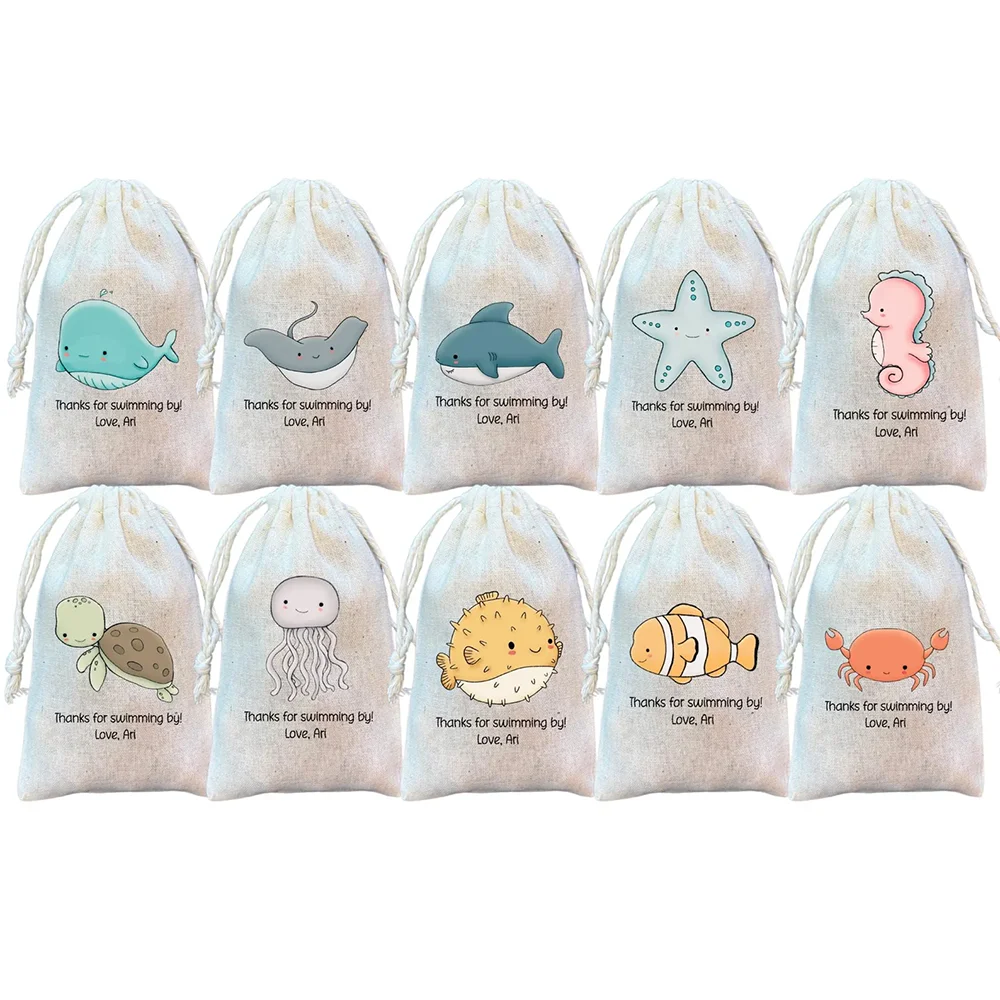 

Custom 5Pcs Under The Sea Party Favor Bags Sea Animal Drawstring Goodie Bags Birthday Decor Supplies New Born Baby Shower Gift