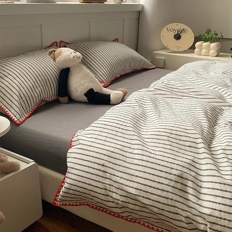 Simple Striped Shell Edge Bedding Sets Washed Cotton Fabric Cozy Fitted Sheet for Home Non Fading Bedclothes Set for Single Bed