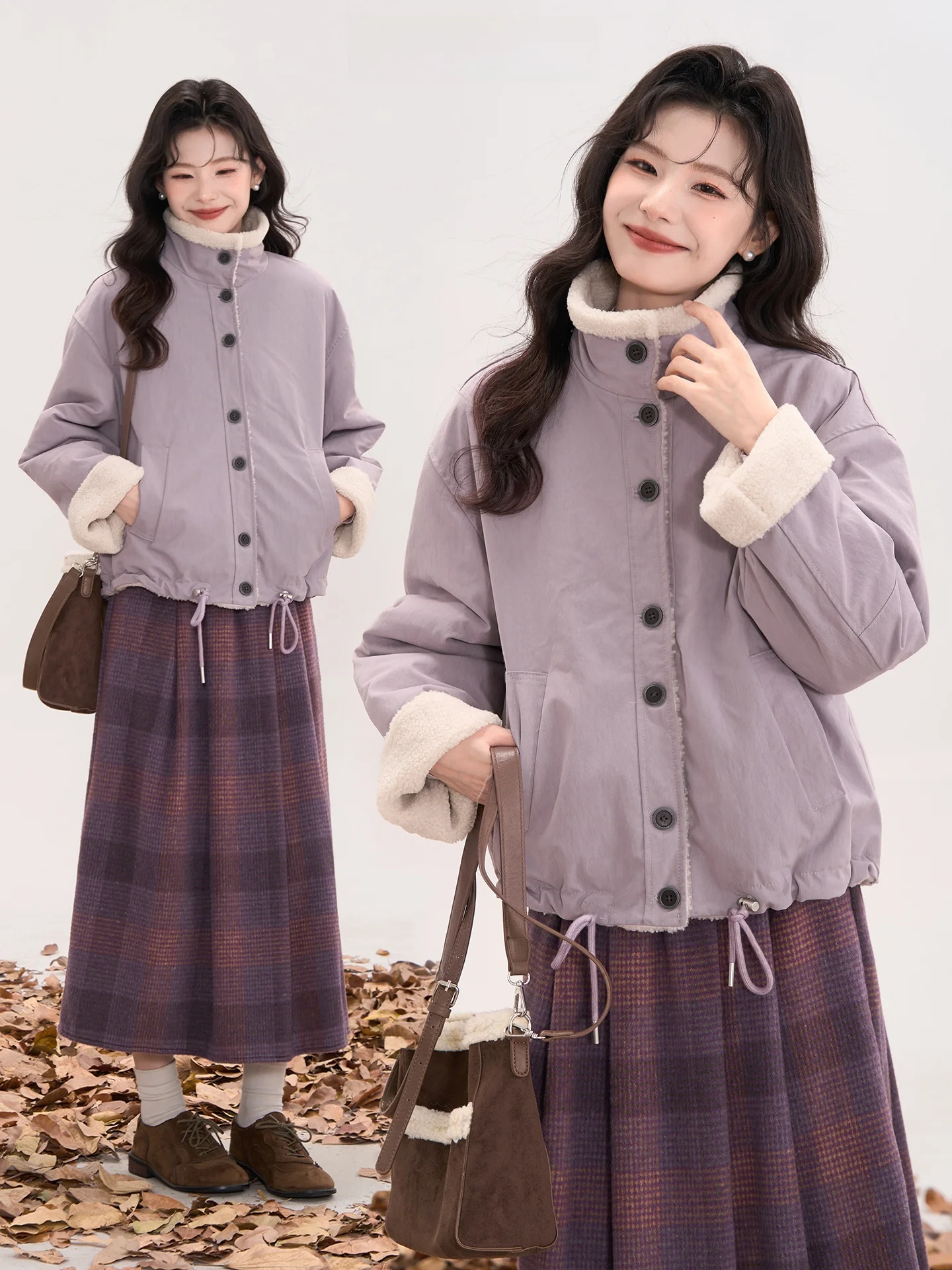 

Женское зимнее хлопковое пальто Sweet Flavorism Casual Purple Yam Lamb Fur Jaet с цветочным узором, китайский бренд