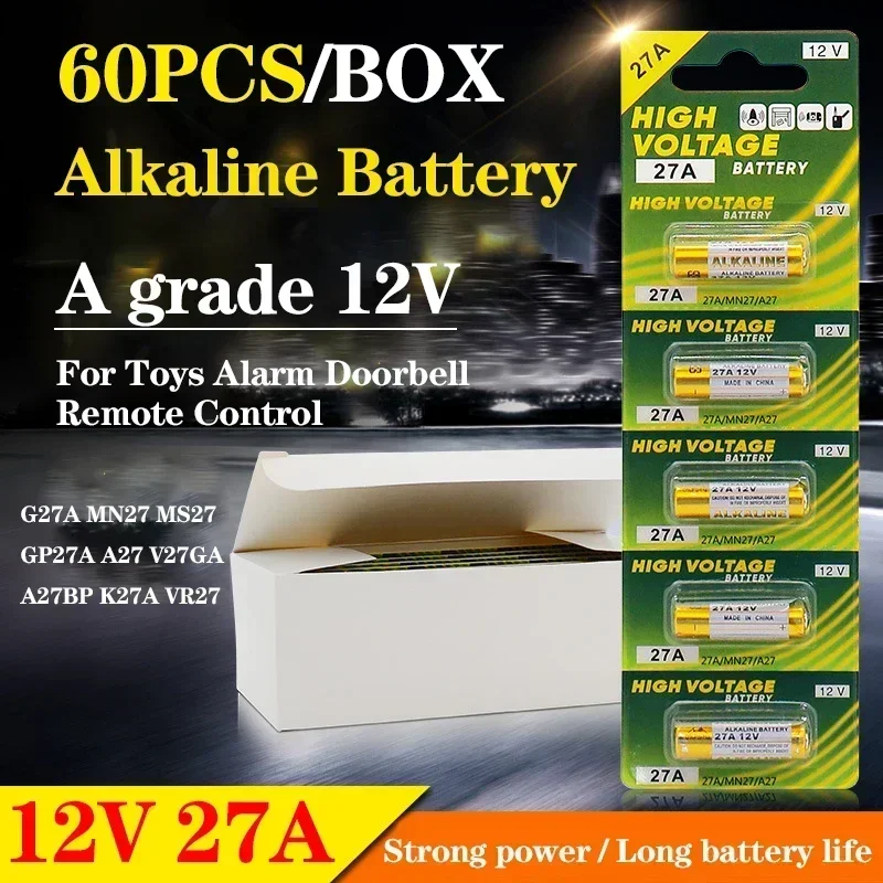 60pcs12V A27 27A G27A MN27 MS27 GP27A L828 V27GA ALK27A A27BP K27A VR27 R27A Alkaline Dry Battery for Alarm Doorbell Car Remote