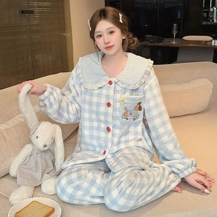 حجم كبير 2 قطعة تلوين شين تشان المرأة منامة المرجان الصوف الفتيات الشتاء دمية طوق بيجامة دافئة أنيمي Kawaii الكرتون Homewear