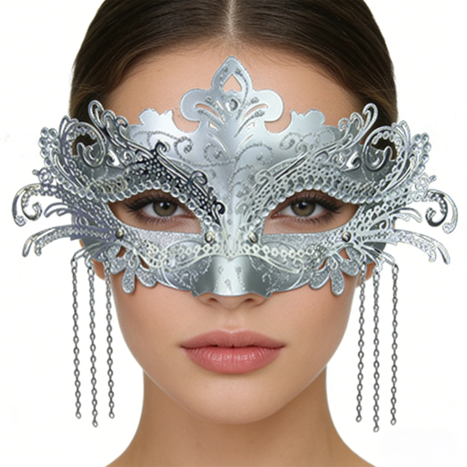 

Women Masquerade Mask with Elastic Band Rhinestone Metal Chain Decoration for Theme Party Cosplay Costume Ball