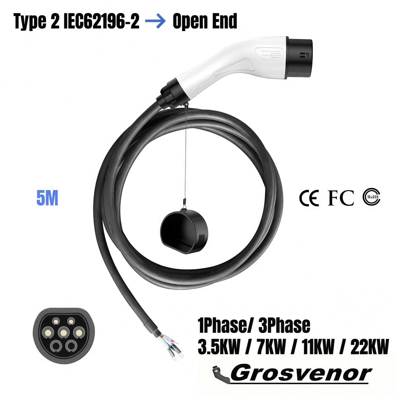 EV Charger 4U 3.5KW 7KW 11KW 22KW IEC62196-2 EV Charging Cable Type 2 Female to Open Wire for Electric Vehicle Charger Station