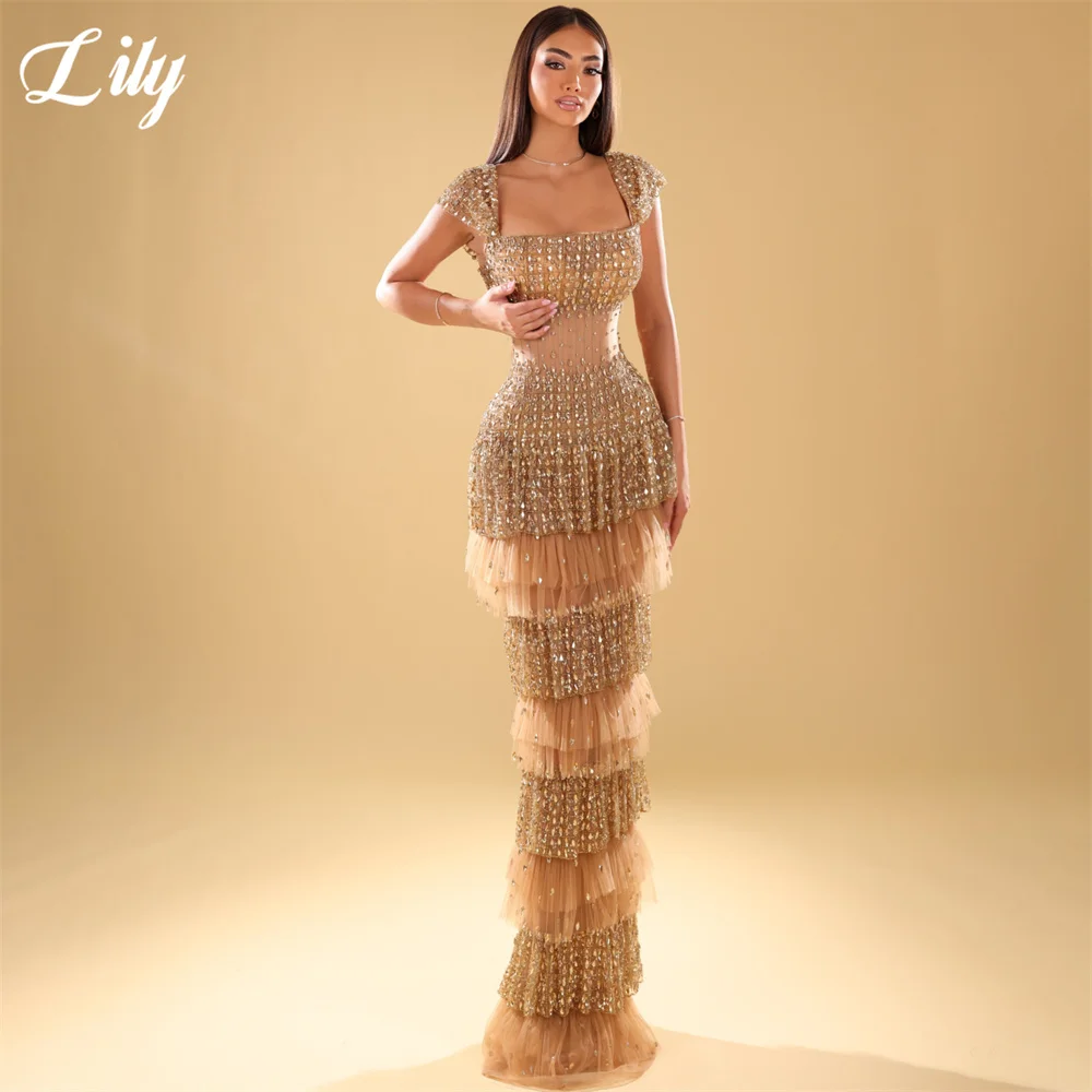Lily Nude Party Dress Square Neck Cap Sleeve Evening Dress Beaded Tiered Formal Gown Mermaid Prom Gown for Women Customized