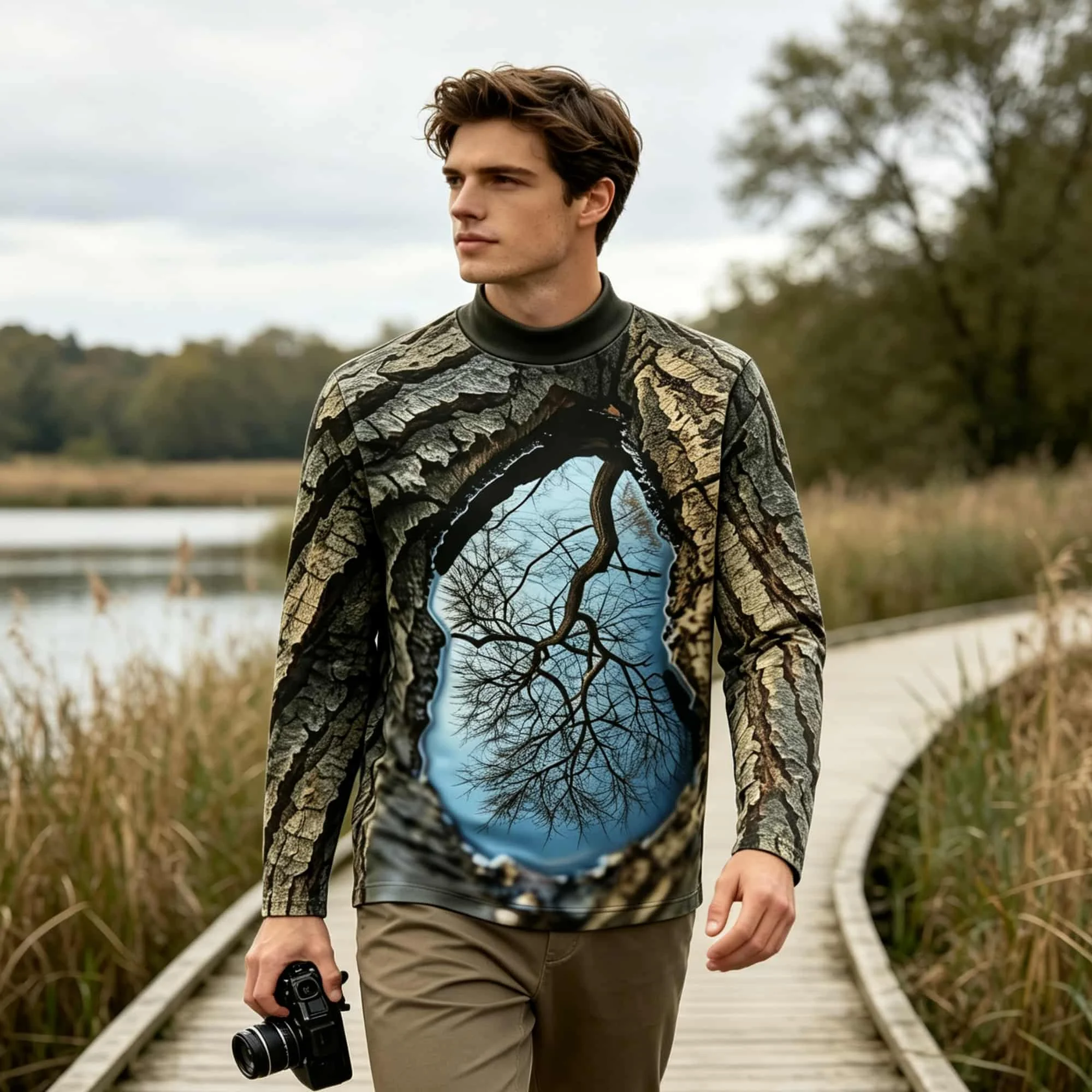 Forest‑Inspired Mock Neck Long Sleeve Tee, 3D Bark Texture Hollow Tree Hole Art Print Men’s Unique Fashion Statement Pullover