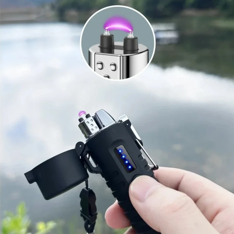 Multi functional outdoor flashlight cigarette lighter metal windproof and waterproof pulse dual arc retractable hose lighter New