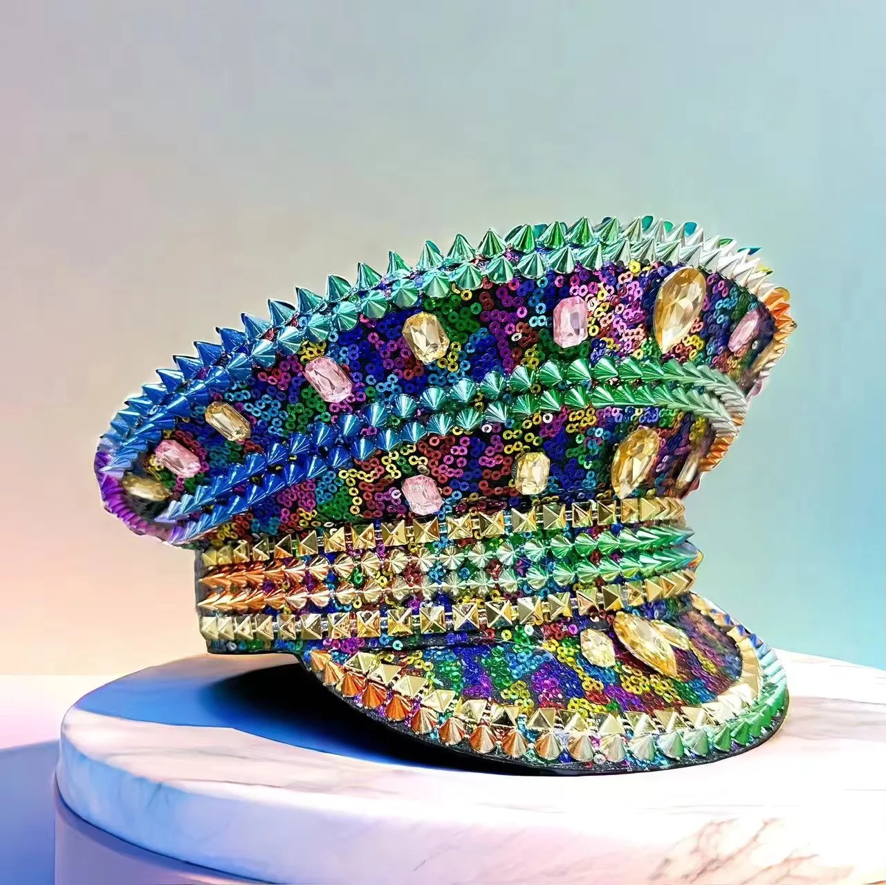 HongLuan Cappello colorato per costume di Halloween, Cappelli da capitano con strass per donna da festival Burning Man, Accessori femminili cosplay