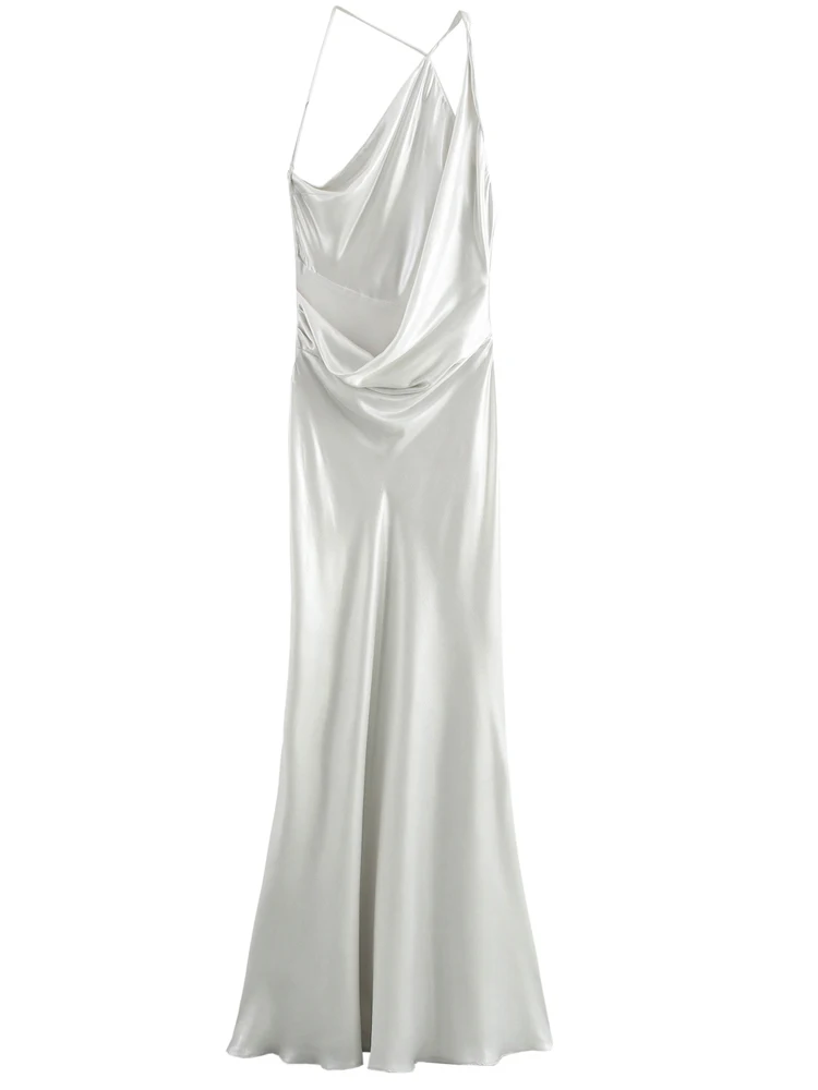 KAOPU ZA Women with draped asymmetric foil midi camisole dress backless thin straps zipper female dresses mujer