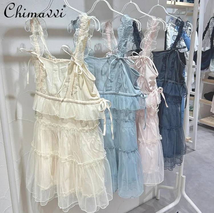 

Japanese Sweet and Cute Lace-up Bow Layers of Lace Mesh Suspender Outer Dress Summer New Fashion Girls Womens Above Knee Dress