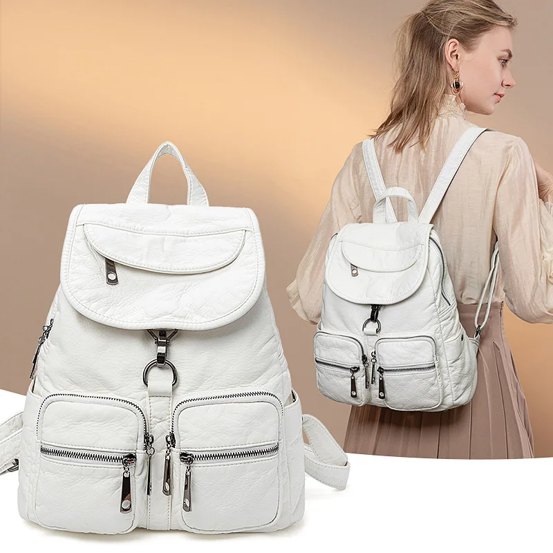 Imagem -04 - Mochilas de Couro Genuíno para Mulheres Mochila de Viagem de Pele de Carneiro Macia Impermeável Bolsa Branca para Menina Moda